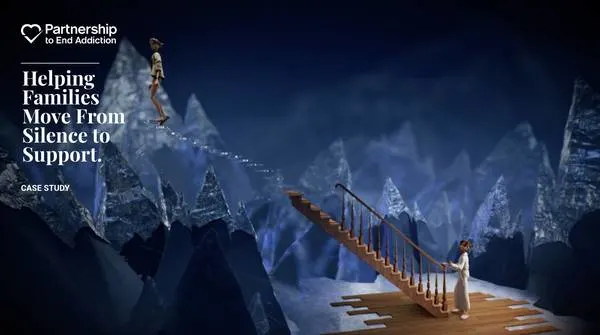 Partnership to End Addiction case study card: Helping Families Move From Silence to Support, over an illustration of a figure on a narrow ledge above icy peaks and another at the foot of a staircase.